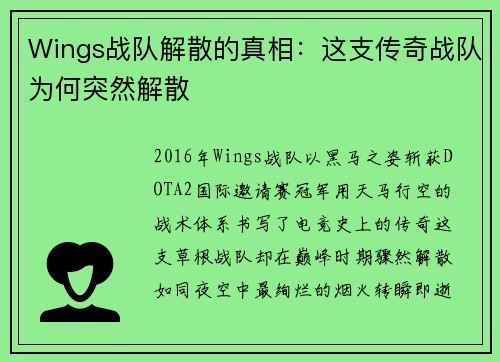 Wings战队解散的真相：这支传奇战队为何突然解散