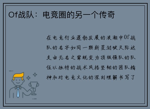 Of战队：电竞圈的另一个传奇